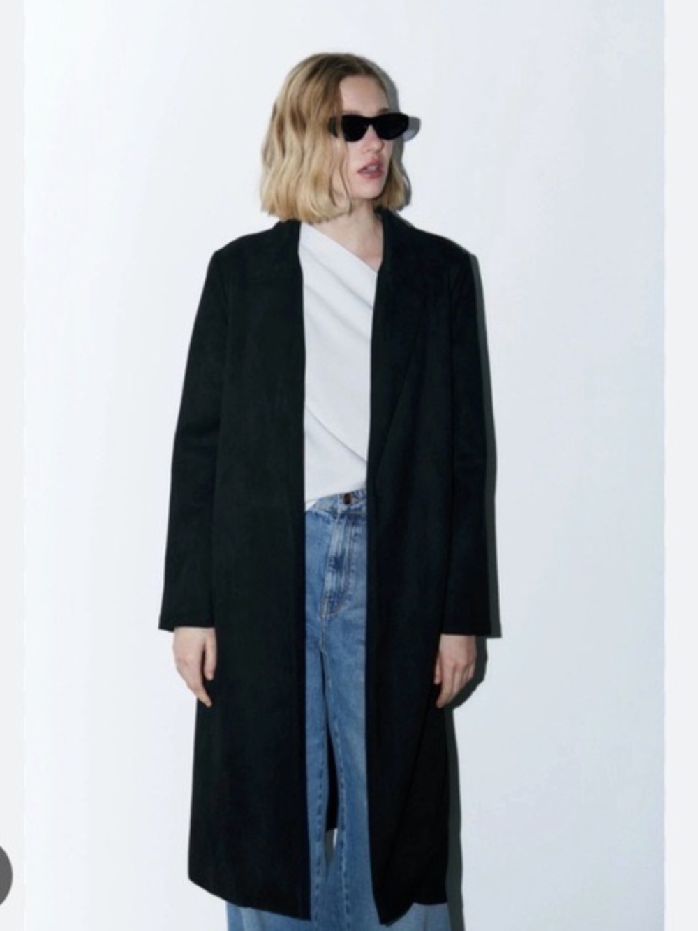 ZARA Black Faux Suede Open Front Long Duster Jacket Collar Coat Size Small